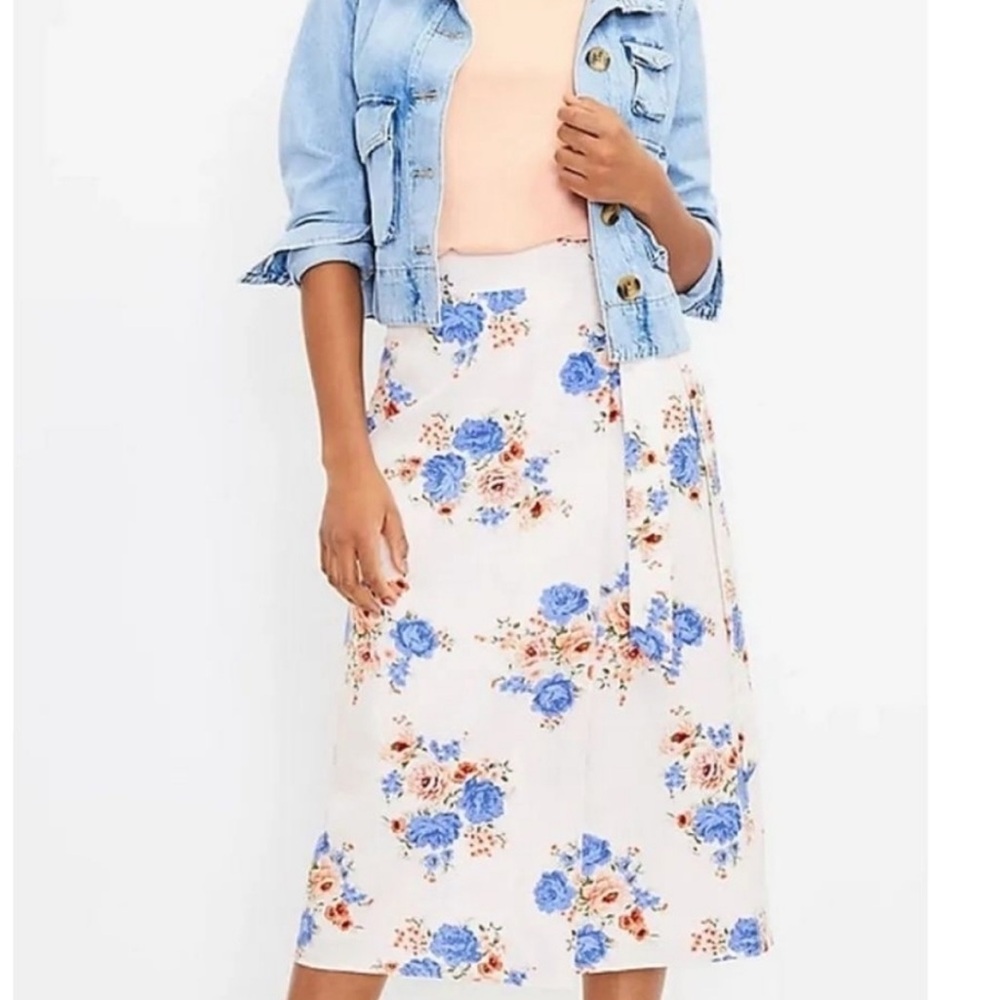 LOFT Floral Midi Skirt - Blue and Cream